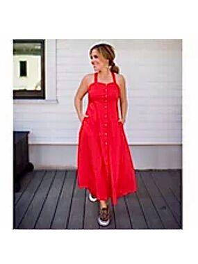 Rachel Hollis Ltd Shirt Maxi Dress Cherry w/Pockets Plus 18